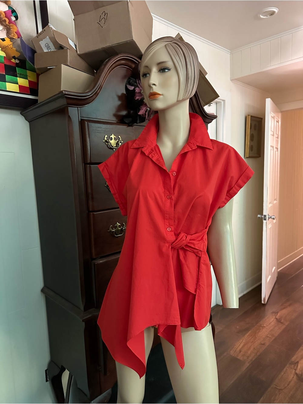 Zara Vibrant Red Short-Sleeve Button Tunic with Side Tie